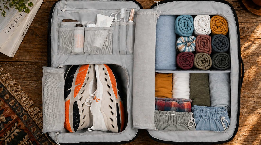 Close-up on a neatly packed RTIC Road Trip Travel Pack.