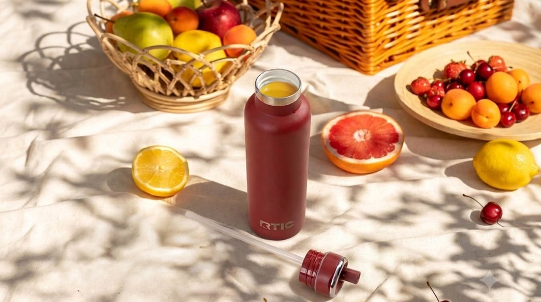 A red RTIC Journey Bottle filled with orange juice.