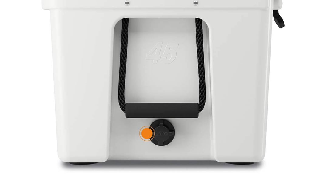 Close up on 45QT Ultra-Tough cooler Rapid V-Drain System