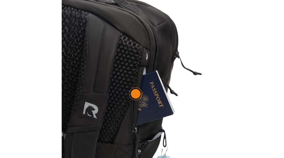 Close-up on the anti-theft hidden pocket on the back of the RTIC Road Trip Travel Pack.