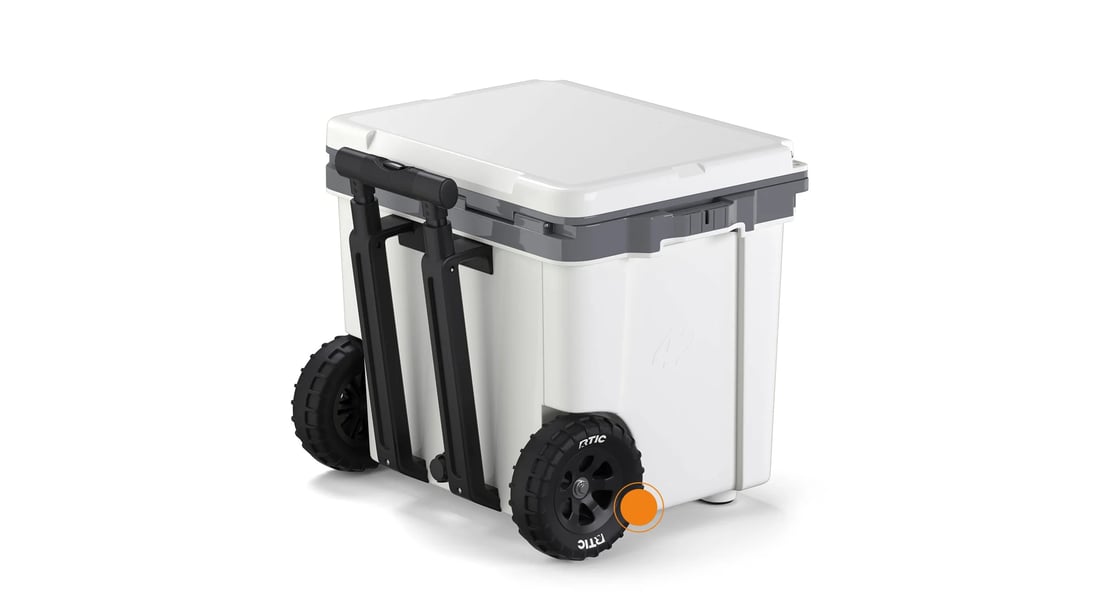 Close up of the Ultra-Strong Wheels on the RTIC 42QT Ultra-Light Wheeled Cooler