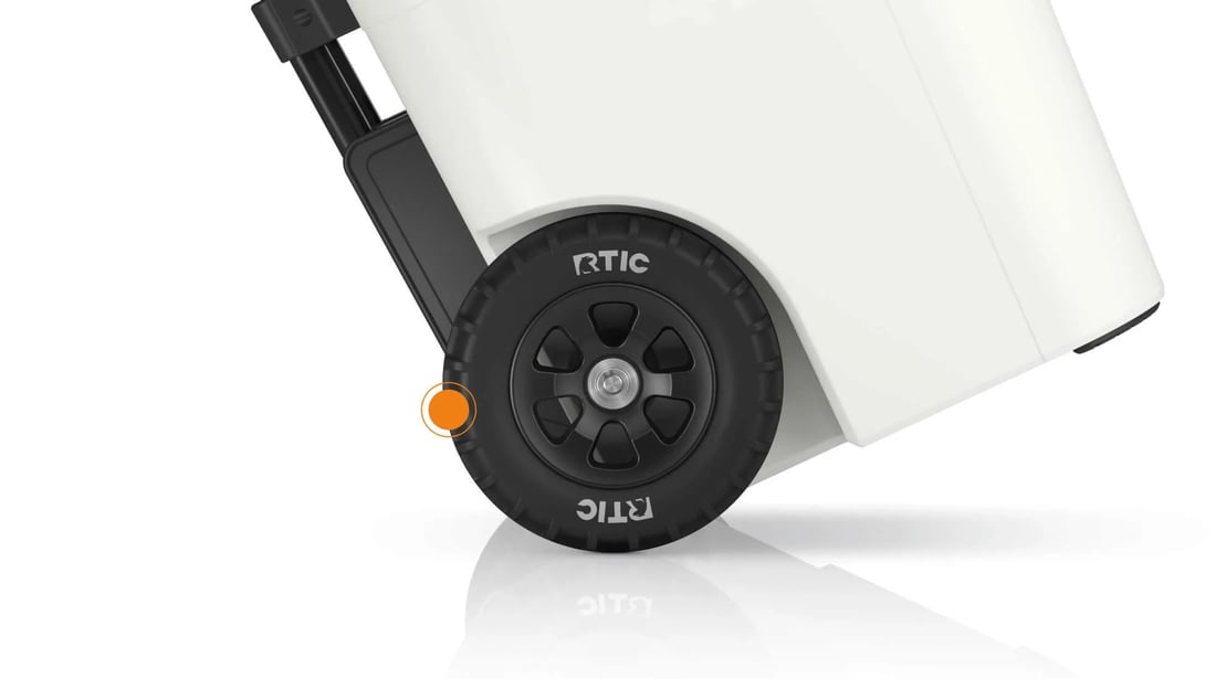 Close up on 45QT Ultra-Tough Wheeled cooler ultra-strong wheels
