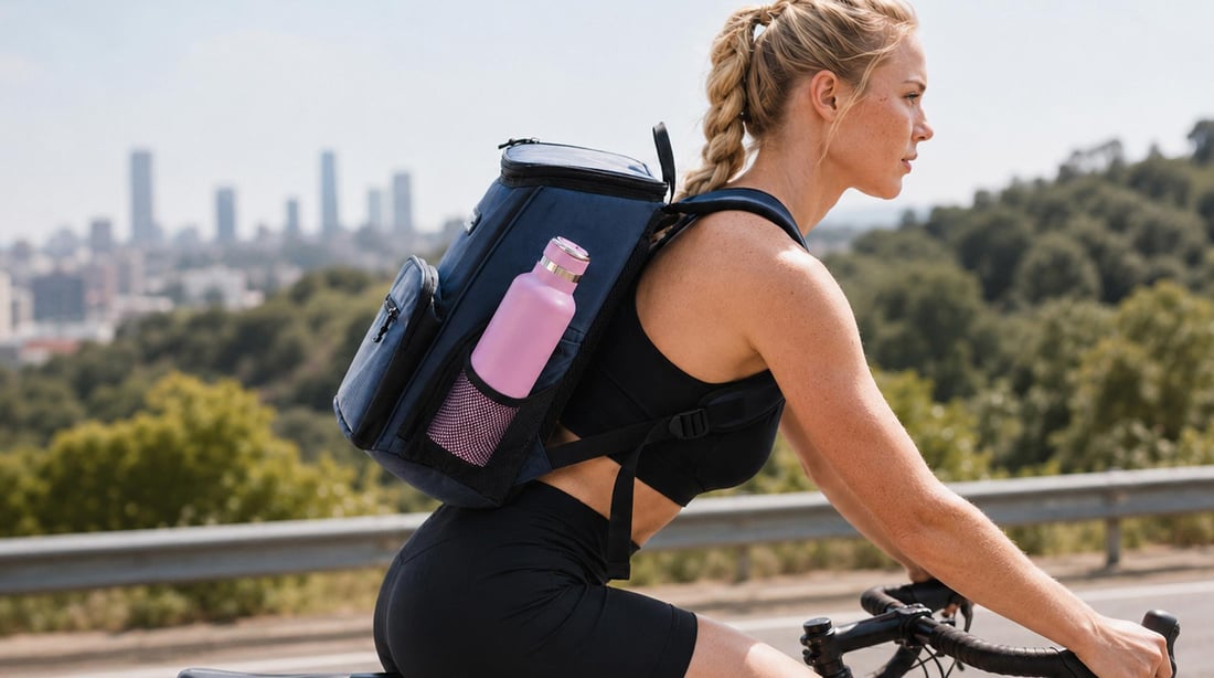 A woman riding a bike with a pink RTIC Journey Bottle in the bottle pocket of her backpack.