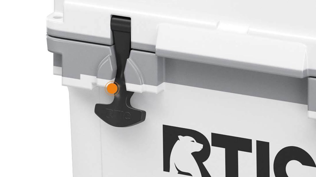 Close up of the T-latches on the RTIC 22QT Ultra-Light Cooler