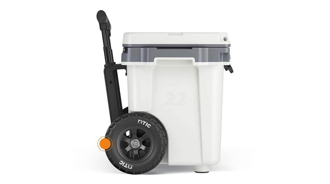 Close up of the Ultra-Strong Wheels on the RTIC 22QT Ultra-Light Wheeled Cooler