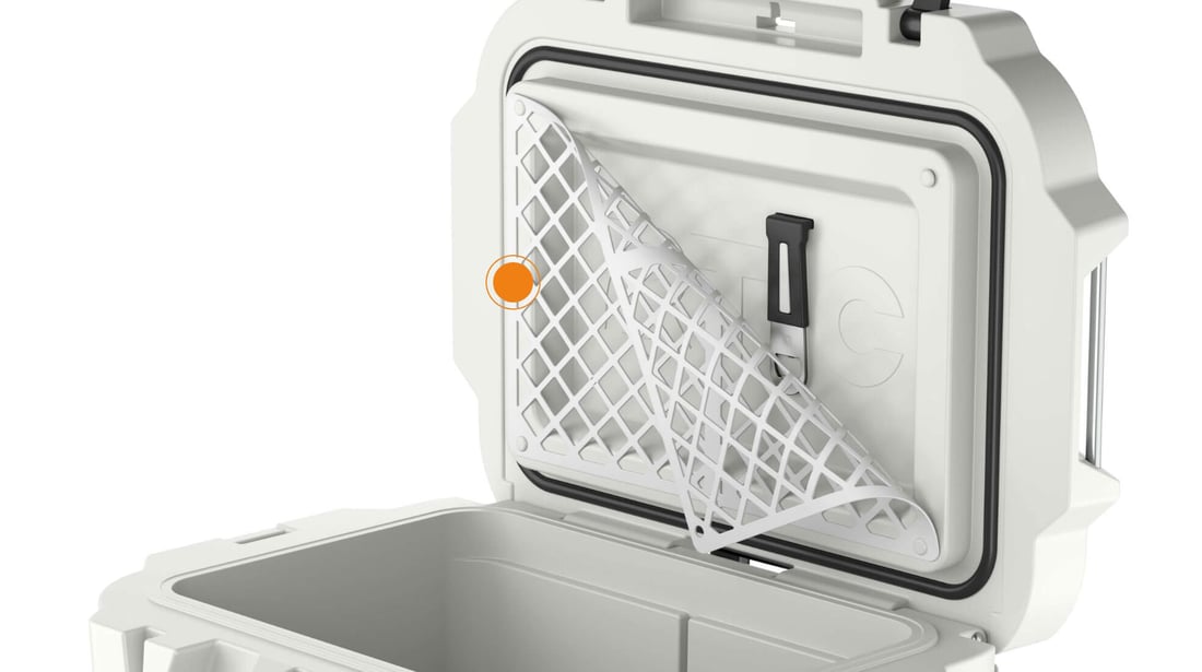 Close up on 45QT Ultra-Tough Wheeled cooler built-in cargo net