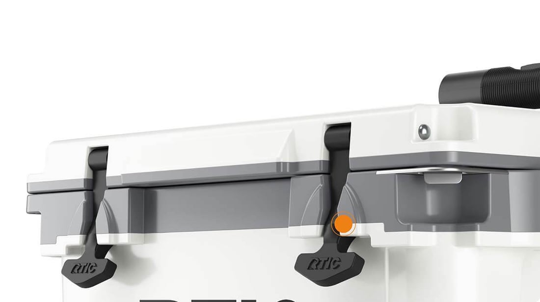 Close up of the Secure T-Latches on the RTIC 22QT Ultra-Light Wheeled Cooler