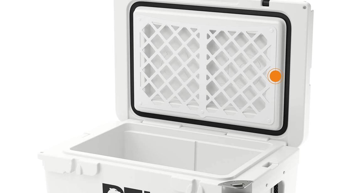 Close up on 45QT Ultra-Tough cooler built-in cargo net