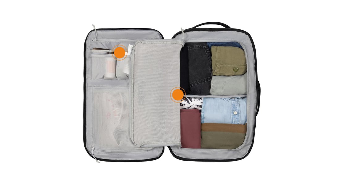 Close-up on the neatly packed built-in compartments on the RTIC Road Trip Travel Pack.