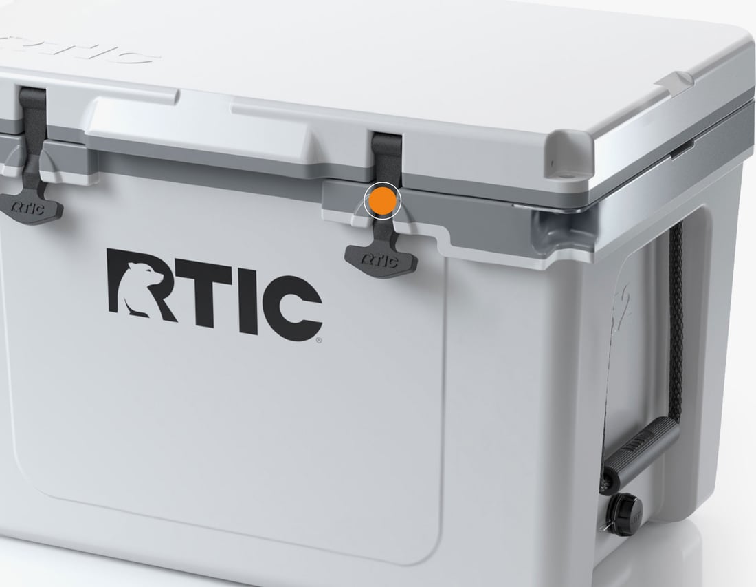 Close up of the rubber T-Latches on the RTIC 32QT Ultra-Light Cooler