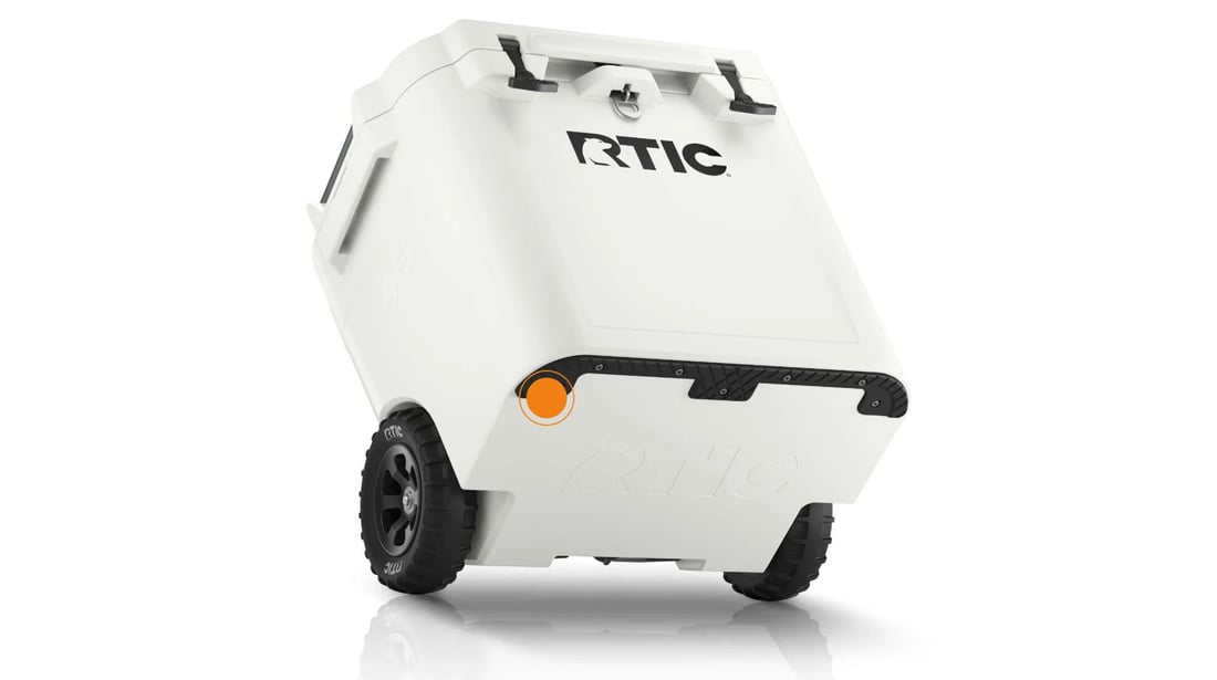 Close up on 45QT Ultra-Tough Wheeled cooler non-skid rubber feet