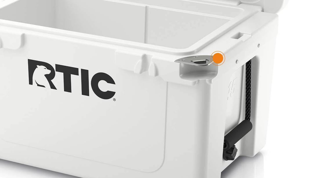 Close up on 45QT Ultra-Tough cooler built-in bottle opener