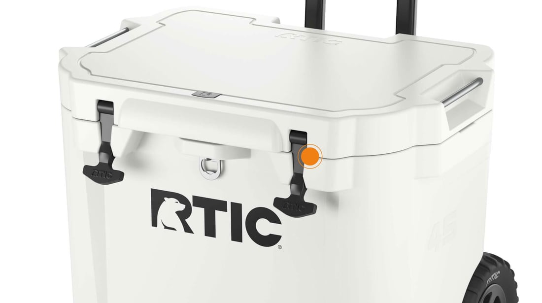 Close up on 45QT Ultra-Tough Wheeled cooler secure T-latches
