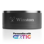 Large black dog bowl with the name Winston and a dog's face engraved on it.