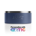 Small navy dog bowl with a stylized dog illustration engraved on it.