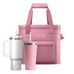 Pink soft cooler with white glitter tumbler with handle and straw and pink tumbler with straw.
