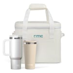 Ivory colored RTIC soft cooler, white glitter tumbler with handle and straw, and tan tumbler with straw.