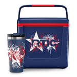 Navy RTIC 8 QT Road Trip Personal Cooler with stars and fireworks design on it, next to a navy Essential Tumbler with the same design on it.