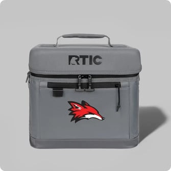 Grey Everyday Cooler with a customer logo printed on the front pocket.