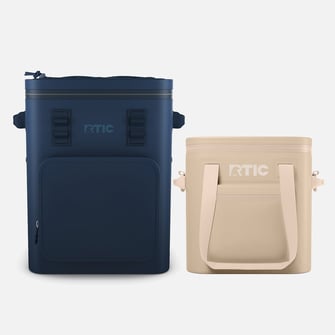 A navy RTIC backpack cooler next to a tan RTIC waterproof soft cooler on a light grey background.
