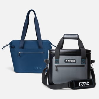 Navy blue Marina Waterproof Tote Cooler and a blue/grey RTIC Ultra-Tough Soft Cooler on a light grey background.