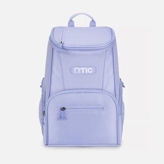 A light purple RTIC backpack on a light grey background.
