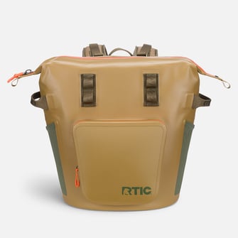 A tan RTIC Summit Waterproof Backpack Cooler on a light grey background.