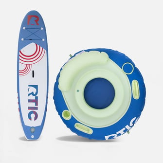 Blue RTIC stand-up paddleboard and a blue-green inflatable river tube with cup holders on a light background.