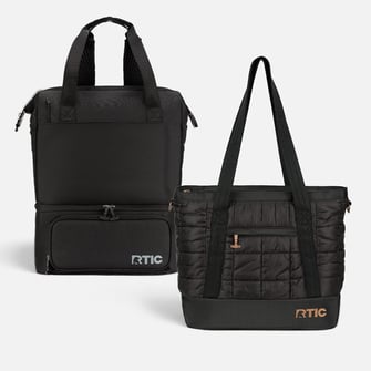 Black RTIC Happy Hour Insulated Tote and a black RTIC 2-in-1 Chillout Backpack on a light grey background.