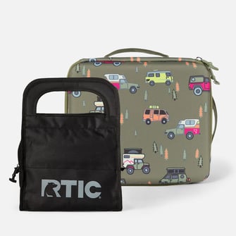 Black RTIC Ice Lunch Bag and green Day Packer Lunch Box with trucks on it