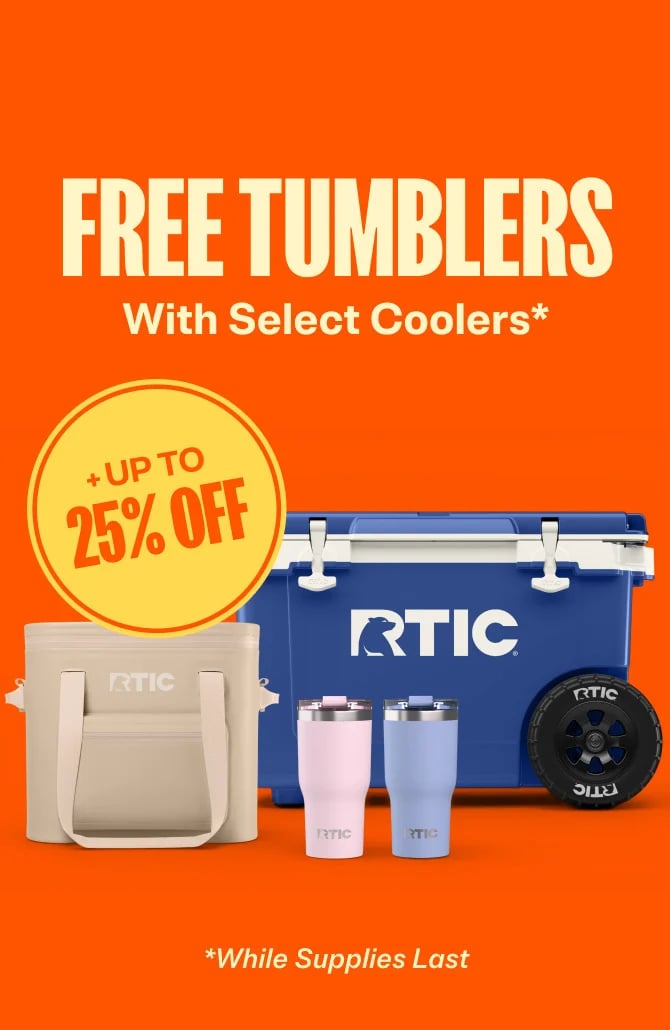 RTIC blue cooler, beige soft cooler, and two tumblers on an orange background, promoting free tumblers and up to 25% off select coolers.