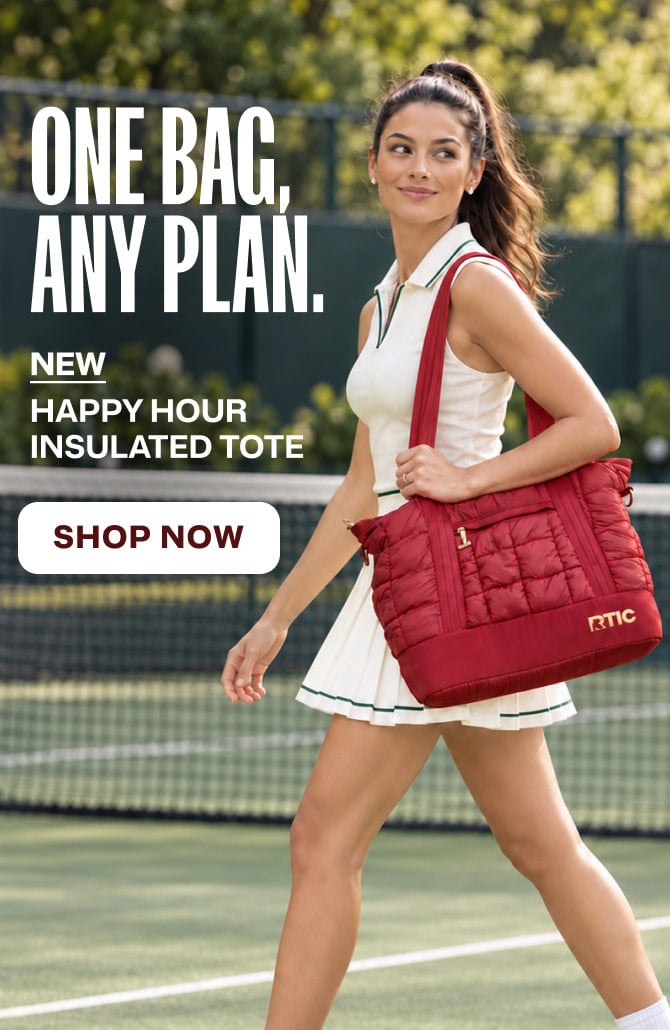 A woman walking with a red RTIC Happy Hour Insulated Tote.