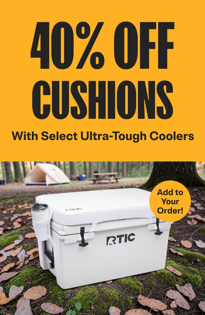 A white RTIC Ultra-Tough Hard Cooler with a cushion on top on a yellow background with "40% Off" above it.