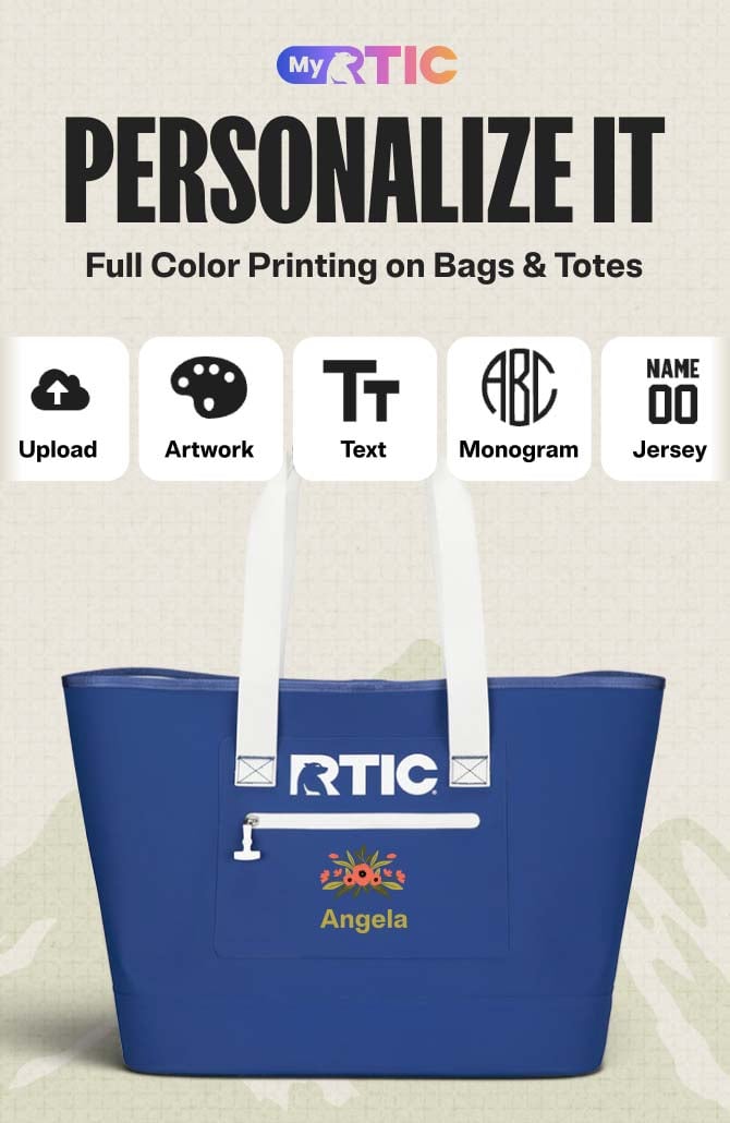 Personalized blue RTIC tote bag with custom floral design and name, featuring full-color printing options for artwork, text, monograms, and jersey styles