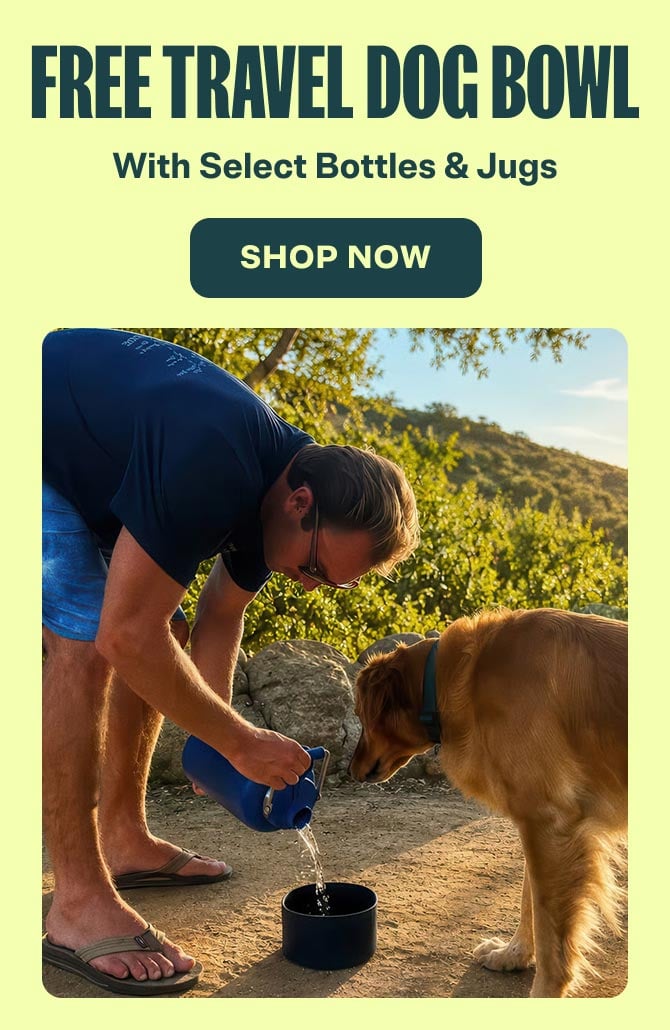man pouring water into dog bowl, dog next to the dog bowl