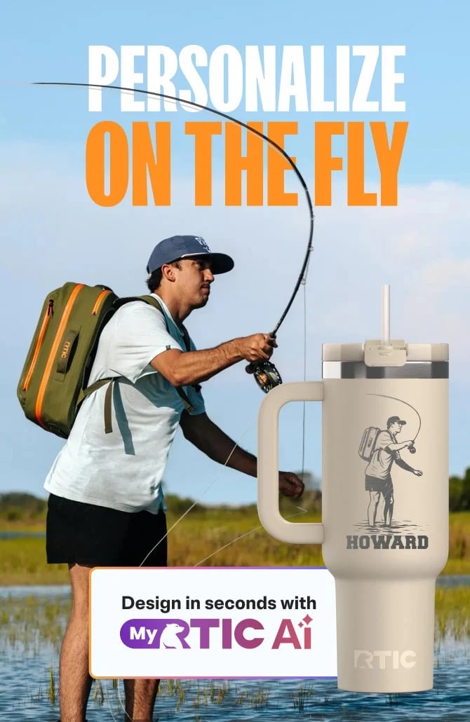 Person fly fishing with a backpack beside a personalized RTIC tumbler engraved with an angler and the name "Howard," promoting AI customization.