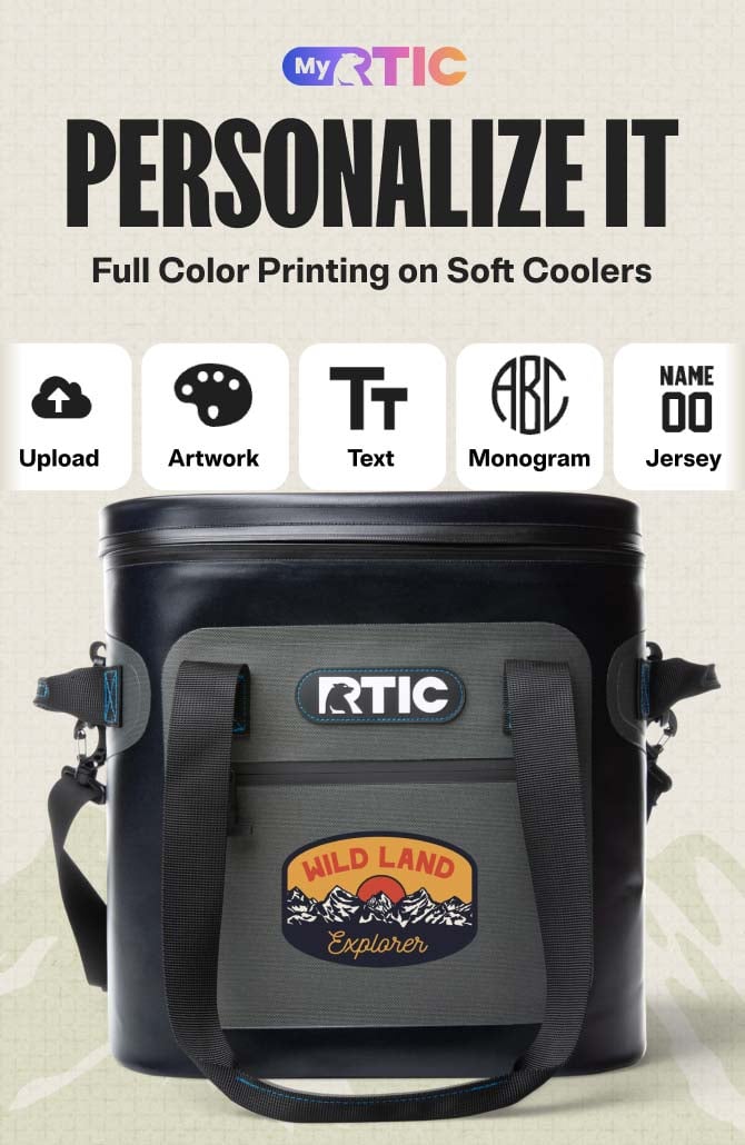 RTIC soft cooler customization page featuring a colorful Wild Land Explorer graphic printed on the front pocket.