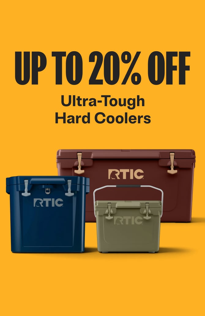 RTIC cooler sale advertisement with yellow background. Text reads "UP TO 20% OFF Ultra-Tough Hard Coolers" above blue, brown, and green coolers.