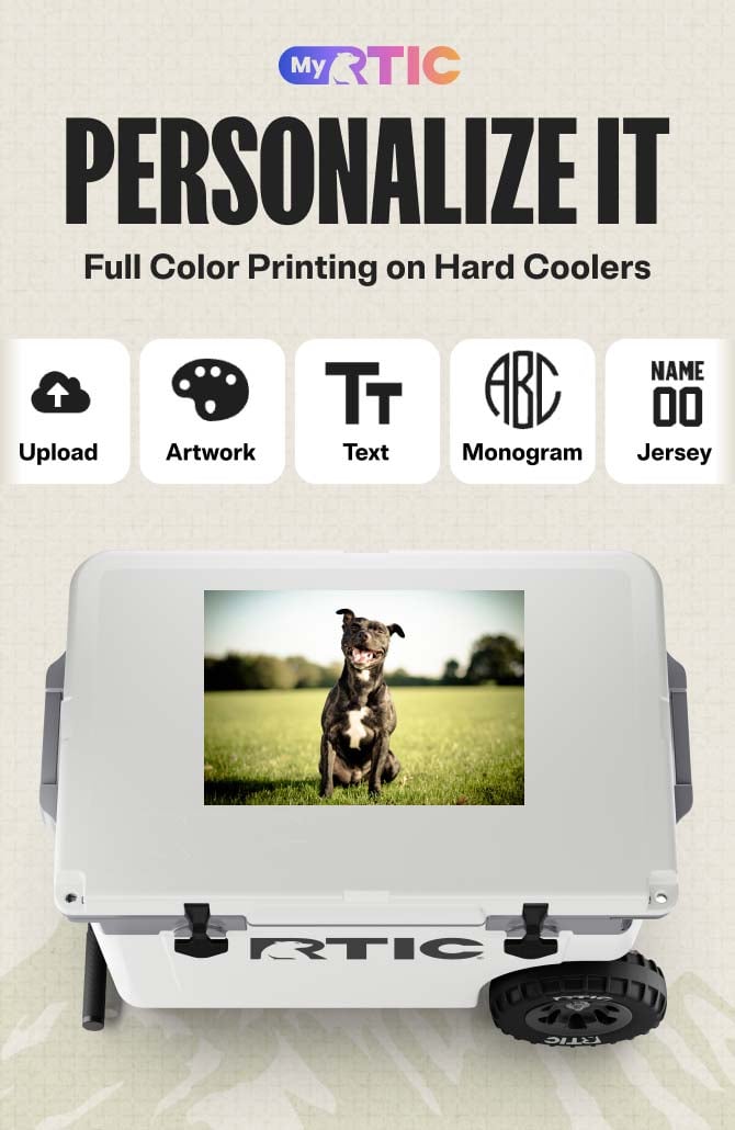 RTIC hard cooler customization page showing a dog photo printed on the lid with upload, artwork, text, and monogram tools.