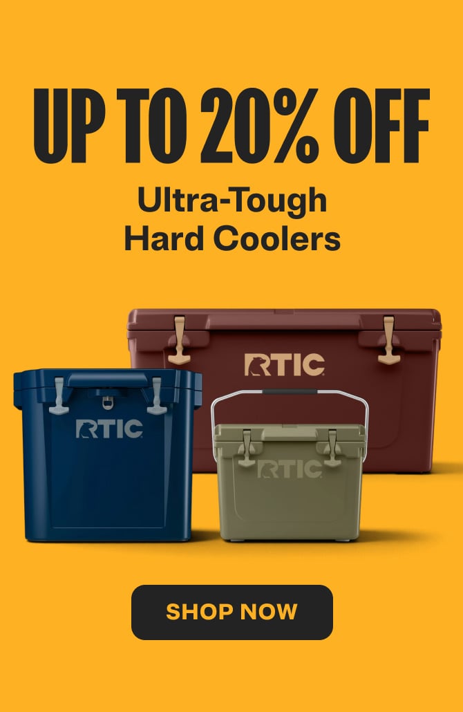 A family of RTIC Ultra-Tough Hard Coolers on a yellow background with "Up to 20% Off" above it.