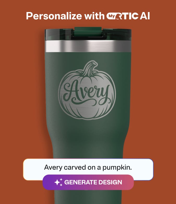 Green RTIC tumbler featuring a personalized pumpkin design with the name “Avery” and text promoting MyRTIC AI.