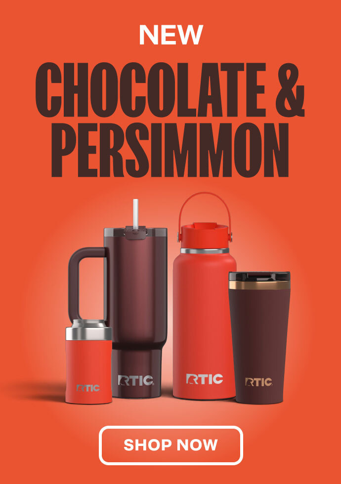 New Chocolate & Persimmon drinkware collection featuring four RTIC tumblers and bottles