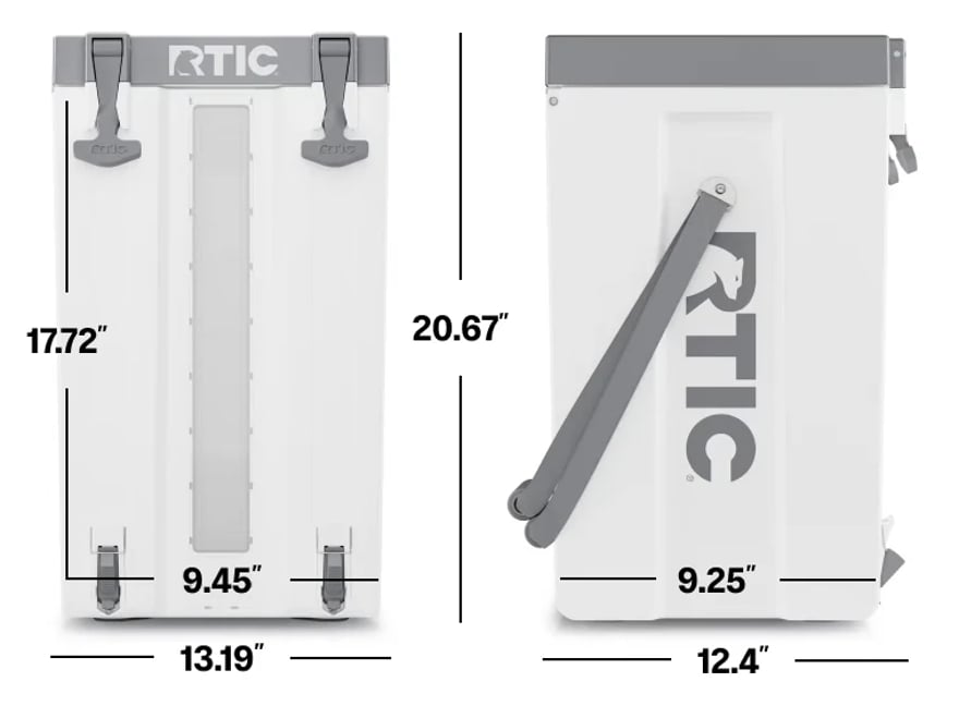 6 Gallon RTIC Halftime Water Cooler front view and side view showing dimensions of the cooler