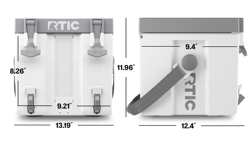3 gallon RTIC Halftime Water Cooler front view and side view showing dimensions of the cooler