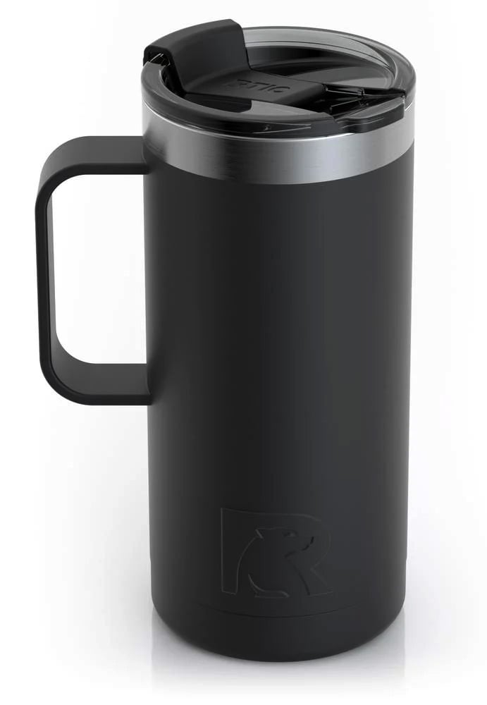 RTIC 16oz Travel Mug, Black, Matte, Stainless Steel & Vacuum Insulated, Flip-Top Lid