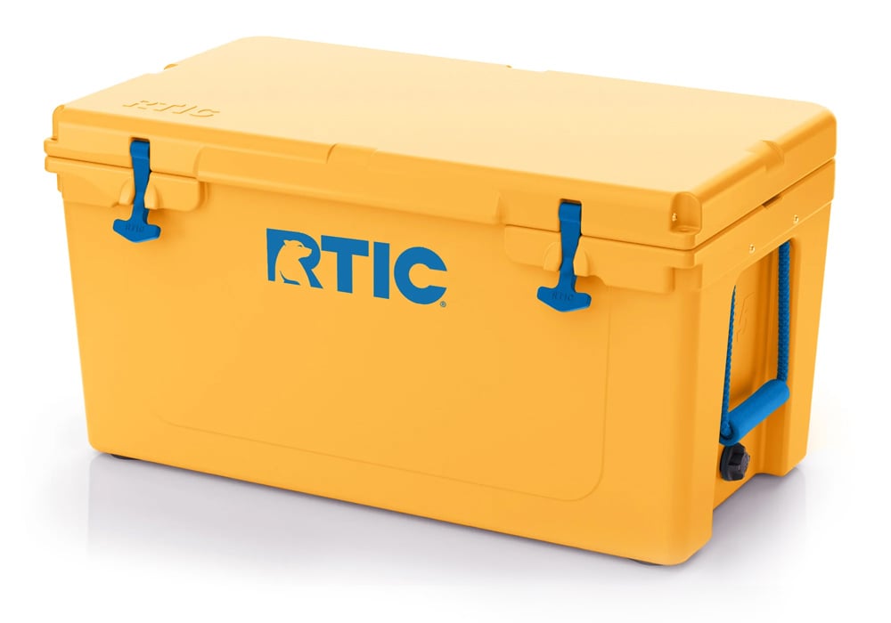 65 QT Ultra-Tough Cooler, Amber & Blue Marlin, Heavy Duty Rope Handles, T-Latch Closure