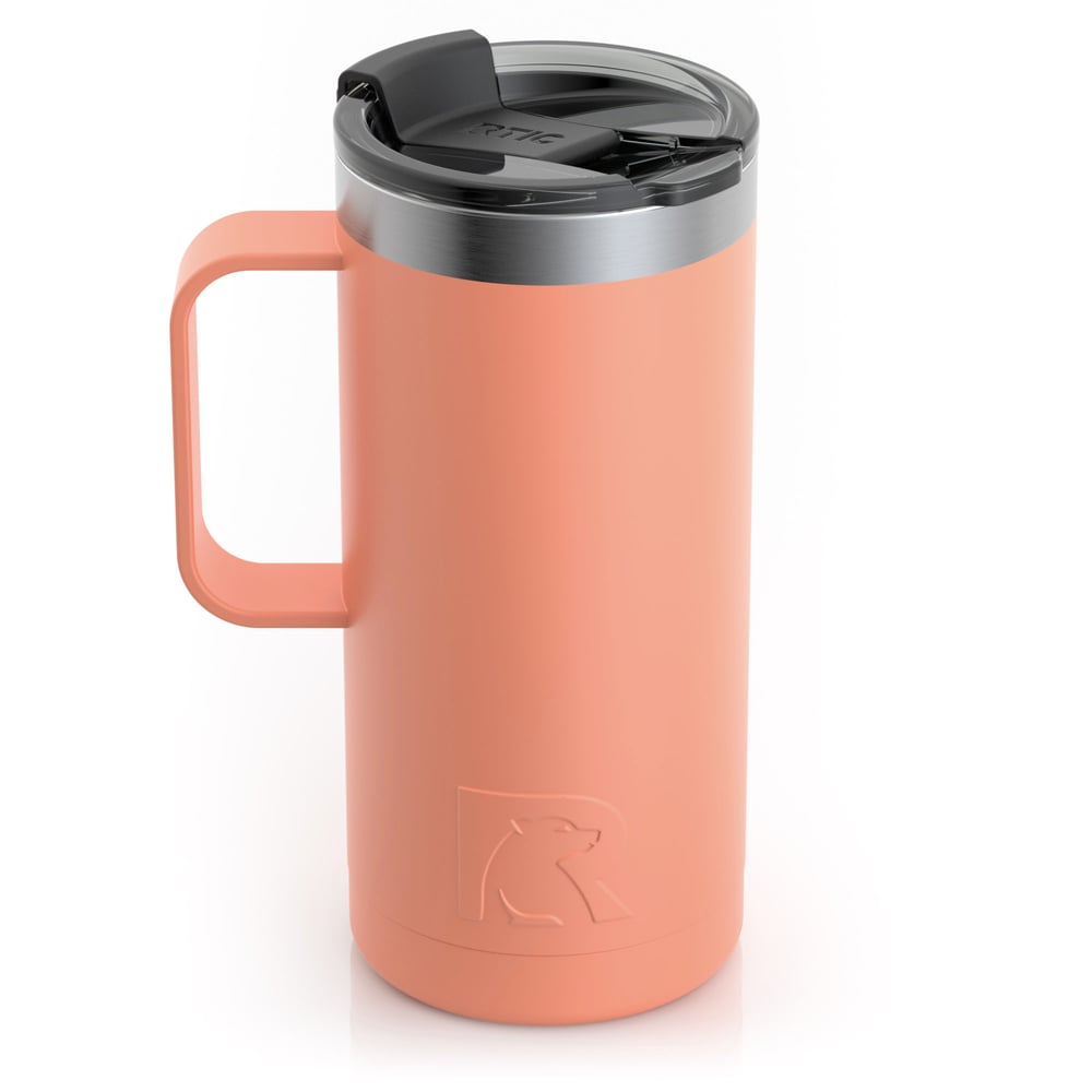 RTIC 16oz Travel Mug, Salmon, Matte, Stainless Steel & Vacuum Insulated, Flip-Top Lid