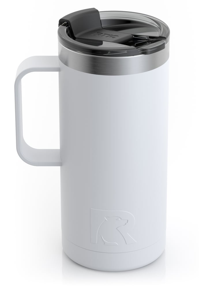 RTIC 16oz Travel Mug, White, Matte, Stainless Steel & Vacuum Insulated, Flip-Top Lid