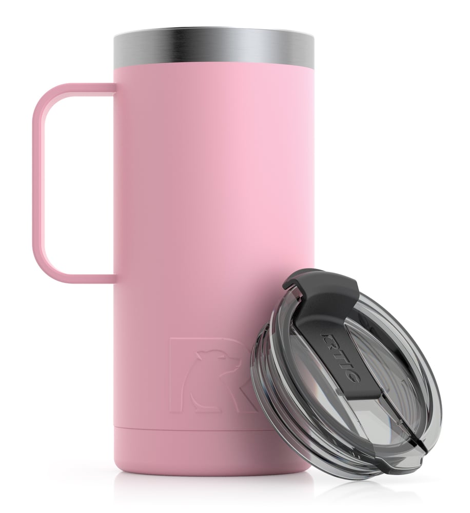 RTIC 16oz Travel Mug, Flamingo, Matte, Stainless Steel & Vacuum Insulated, Flip-Top Lid