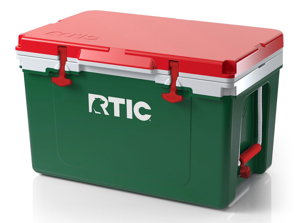 RTIC 52 Quart Ultra-Light Hard Cooler, Green/Red, Lightweight, Heavy Duty Rope Handles, T-Latch Closure